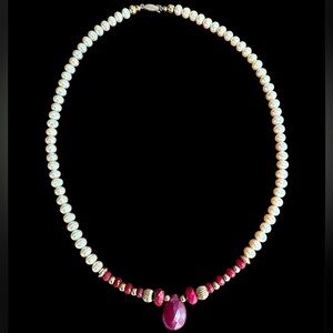 14k Gold Filled Lab Ruby Champagne Freshwater Pearl Necklace